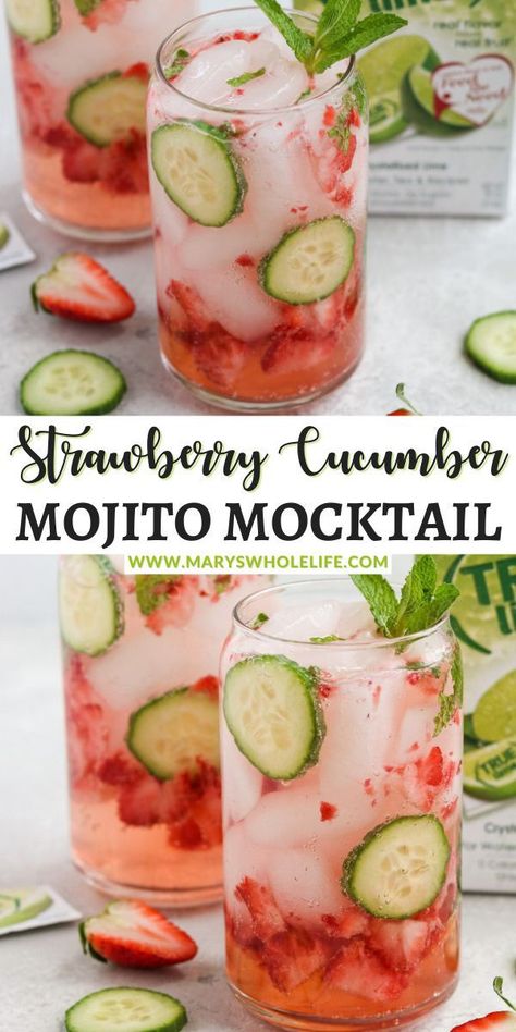 Summer Cocktails Cucumber Mojito, Strawberry Cucumber, Mocktail Drinks, Mojito Mocktail, Alcohol Free Drinks, Drink Recipes Nonalcoholic, Fancy Drinks, Mixed Drinks Recipes, Cocktail Drinks Recipes