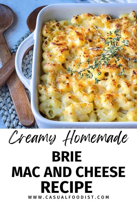 This Creamy Brie Mac and Cheese is the Best homemade macaroni and cheese recipe! This baked mac and cheese is creamy and indulgent, the perfect dinner or side dish idea. Serve this brie mac and cheese with chicken, beef or pork or as a holiday side dish for Christmas, Thanksgiving, New Years Eve or Easter. The best brie mac and cheese recipe. www.casualfoodist.com Holiday Baked Mac And Cheese, Brie Cheese Dinner Recipes, Brie Mac And Cheese Recipes, Christmas Mac And Cheese, Brie Mac And Cheese, Mac And Cheese With Chicken, Best Homemade Mac And Cheese Recipe, Good Macaroni And Cheese Recipe, Creamy Brie