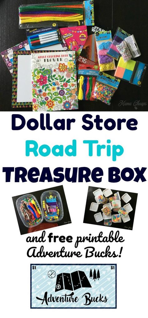 DIY Dollar Store Road Trip Treasure Box - perfect for keeping the kids happy on long car rides! Car Ride Activities, Kids Travel Activities, Long Car Trips, Road Trip Activities, Road Trip Games, Long Car Rides, Road Trip With Kids, Car Rides, Road Trip Hacks