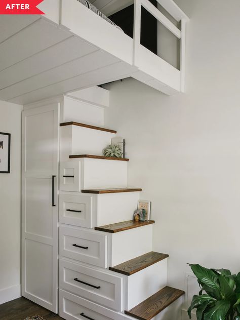 Jessica Parker Kennedy and Ronen Rubinstein House Tour Photos | Apartment Therapy Office Storage Room, Ronen Rubinstein, Tiny House Stairs, Loft Stairs, Cabin Bed, Loft Room, Tiny House Interior, House Stairs, Bedroom Loft