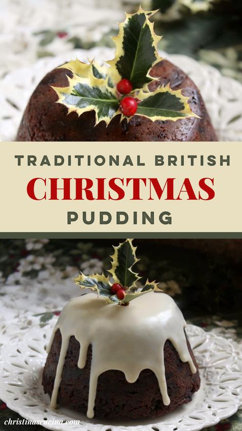 Traditional British Christmas Pudding is a make-ahead, steamed, fruit filled dessert which is set alight when served. It is beautiful culmination of many British Christmas dinners. Jamie Oliver Christmas Pudding, British Christmas Pudding Recipe, English Christmas Pudding Recipes, Traditional British Christmas Cake, Great British Bake Off Recipes Christmas, Plumb Pudding Christmas, British Christmas Pudding, New England Desserts Traditional, English Pudding British Desserts