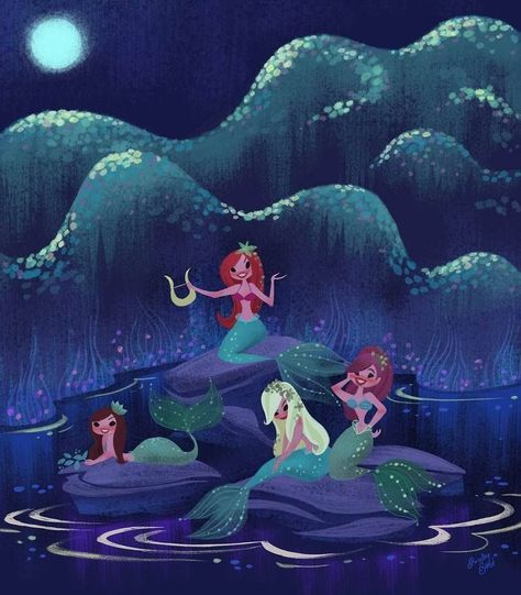 Lorelay Bove on Instagram: “MERMAID LAGOON #grandpolynesianresort #polynesianresort #mermaidlagoon #moonlight #disney #disneypolynesianresort #bathroomart…” Lorelay Bove, Peter Pan Mermaids, Mary Blair Art, Disney Polynesian, Mermaid Illustration, Mermaid Lagoon, Mermaid Drawings, Unicorns And Mermaids, Real Mermaids