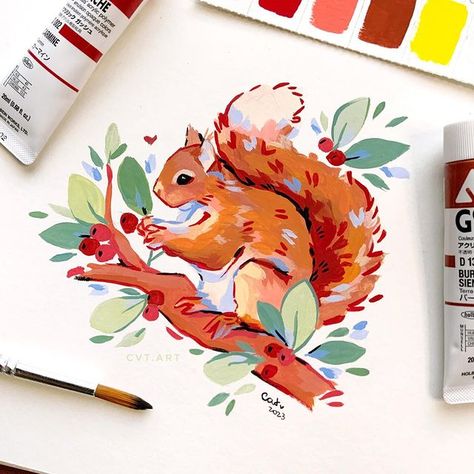 All Posts • Instagram Cute Art Acrylic, Gouache Animals, Gouache Painting Ideas For Beginners, Gouache Painting Ideas, Gouache Inspiration, Gauche Painting, Drawing Gouache, Squirrel Painting, Art Painting Ideas