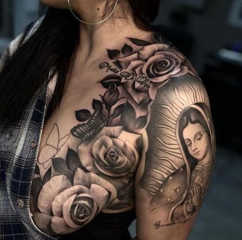 Tattoo Sleeve Designs Women Ideas, Virgen De Guadalupe Tattoo Ideas Back, Our Lady Of Guadalupe Tattoo Sleeve, Aztec Back Tattoo Women, Mexican Back Tattoo Women, In God We Trust Tattoo Women, Chicana Tattoos For Women Sleeve, Chingona Tattoos, Inner Sleeve Tattoos For Women