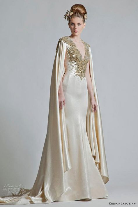 Krikor Jabotian  Metallic sheath gown with cape style sleeves featuring neckline and back decorated with a burst of gold sequins. Empress Gown, Pony Updo, Krikor Jabotian, Celebration Dress, Gaun Abad Pertengahan, Wedding Dress 2013, 2013 Wedding, Updo Wedding, Princess Dresses