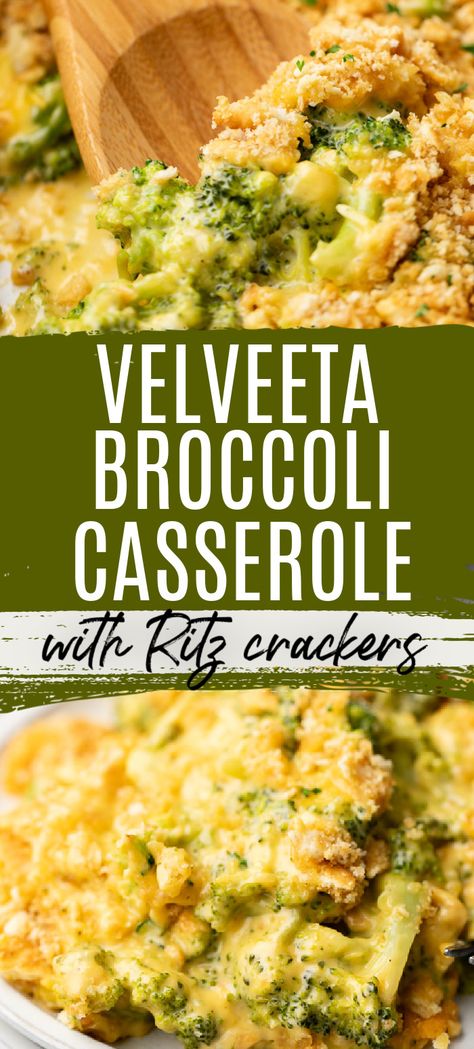 Close up photos of casserole with cheese in a collage. Broccoli Cheddar Casserole Easy, Best Broccoli And Cheese Casserole, Baked Broccoli And Cheese Casserole, Cheeses Broccoli Casserole, Cheesy Broccoli Ritz Casserole, Broccoli Cheese Casserole Velveta, Low Carb Velveeta Recipes, Velveeta Vegetable Casserole, Broccoli And Velveeta Casserole