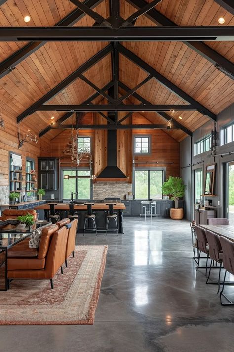 17 Awesome Man Cave Pole Barn Ideas (2024) Beamed Kitchen Ceiling, New Build Ideas House, Modern Barnodium Homes, Barndominium Design Ideas, Barndominium Ideas Loft, Barndominium Man Cave, Barn Entertaining Space, Small Shop House Interior, Pole Barn Wall Ideas