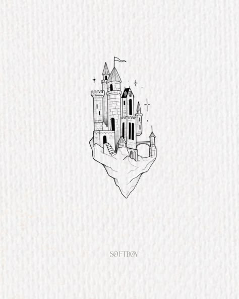 #tattooflash #tattooideas #torontotattoos #darkfantasy #tattoodesigns #torontoillustrator #tattooinspo Floating Castle Tattoo, Simple Castle Tattoo, Castles Tattoo, Europe Tattoos, Tattoo Castle, Castle Outline, Castle Tattoos, Floating Castle, Fantasy Tattoo