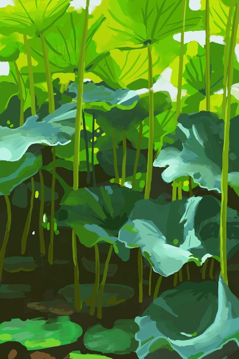 Leaf Green Aesthetic, Tropical Background Illustration, Nature Aesthetic Computer Wallpaper, Big Plants Aesthetic, Nature Aesthetic Illustration, Nature Aesthetic Graphic Design, Nature Art Digital, Plant Art Reference, Big Leaves Drawing