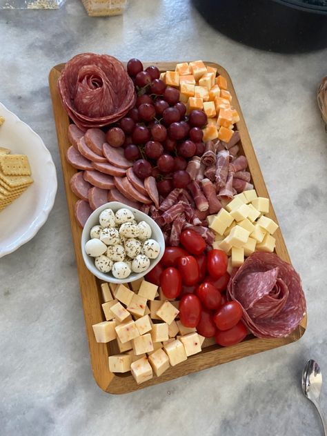 Meat And Cheese Board Valentines, Meet And Cheese Charcuterie Board, Cheese Shapes For Charcuterie, Meat And Cracker Charcuterie Board, Small Square Charcuterie Board, Cheese And Salami Board, Chacourtie Board Ideas, Shacudery Board, Valentines Meat And Cheese Tray