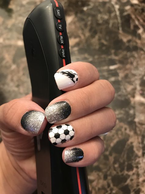 Soccer Ball Nail Art, Soccer Nails Acrylic, Soccer Nails Design Mom, Soccer Acrylic Nails, Soccer Nails Design Sports, Soccer Ball Nails Designs, Soccer Theme Nails, Soccer Ball Nails, Soccer Mom Nails