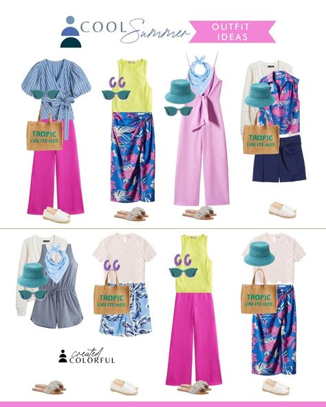 Cool Summer Outfit ideas (for summer) from Created Colorful Created Colorful Cool Summer, Cool True Summer, Colorful Capsule Wardrobe, Created Colorful, Cool Summer Palette, Bright Colored Outfits, Colorful Wardrobe, Summer Palette, Color Outfits