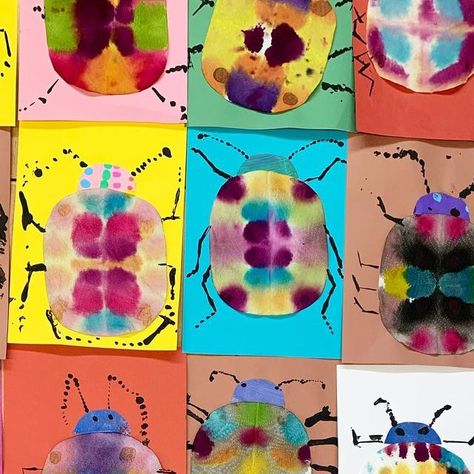 Little Artists on Instagram: "Reception beetles 🪲🌈🐞🌿 after painting on folded paper towels with ink to make symmetrical patterns, reception classes turned their creations into these gorgeous bugs 👏🏻 #eyfsart #earlyyears #earlyyearsart #eyfsideas #arteducation #primaryart #primaryartideas #artclassroom #beetleart #ink" Insect Art For Preschool, Bug Process Art, Bug Process Art Preschool, Bug Craft Preschool, Bugs Crafts For Toddlers, Bug Art For Toddlers, Bug Arts And Crafts, Bug Art Preschool, Eyfs Minibeasts