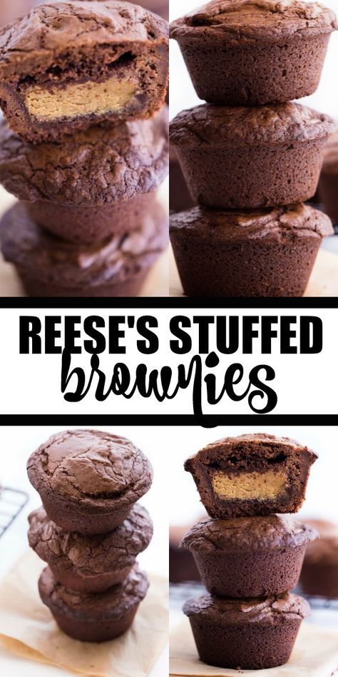 Reeses Brownies, Stuffed Brownies, Resep Brownies, Brownie Cups, Brownie Cupcakes, Brownie Desserts, Peanut Butter Desserts, Chocolate Heaven, Elegant Desserts