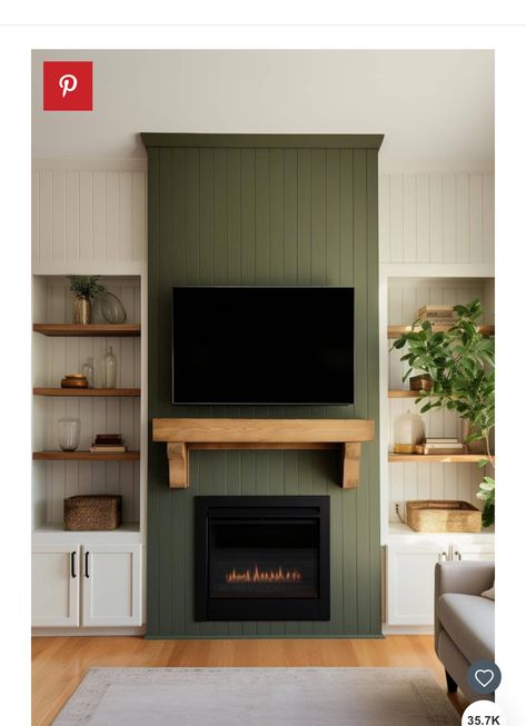 Sage Green Entertainment Center, Green Tv Wall Living Room, Green Media Wall, Sage Green Fireplace, Green Fireplace Wall, Mid Century Fireplace Makeover, Green Fireplace, Mid Century Fireplace, Den Area