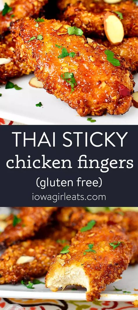 Thai Sticky Chicken Fingers are a crunchy, sticky, and irresistible recipe for any occasion. Absolutely addicting! iowagirleats.com keywords: chicken recipes, chicken breast recipes, chicken fingers baked, chicken finger recipes, gluten free recipes Homemade Chicken Fingers, Chicken Fingers Baked, Chicken Finger Recipes, Sticky Chicken, Gluten Free Appetizers, Chicken Fingers, Gluten Free Recipes For Dinner, Thai Chicken, Chicken Dishes Recipes