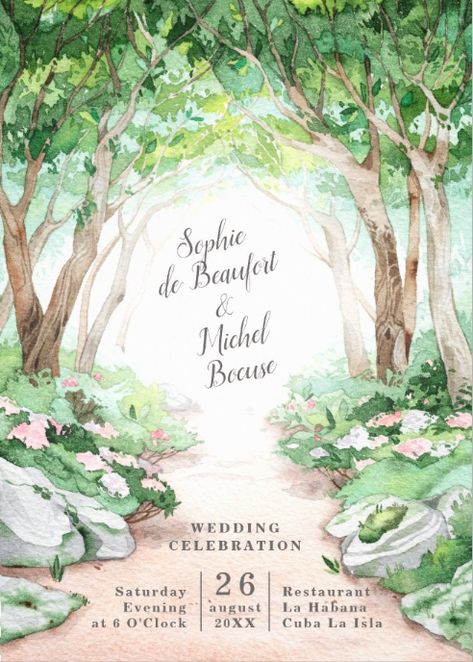 Fairy Garden Wedding Invitations, Wedding Invitations Garden, Watercolor Wedding Theme, Enchanted Forest Wedding Invitations, Postcard Font, String Lights Outdoor Wedding, Forest Wedding Invitation, Woodland Fairy Birthday Party, Bride And Groom Ceremony