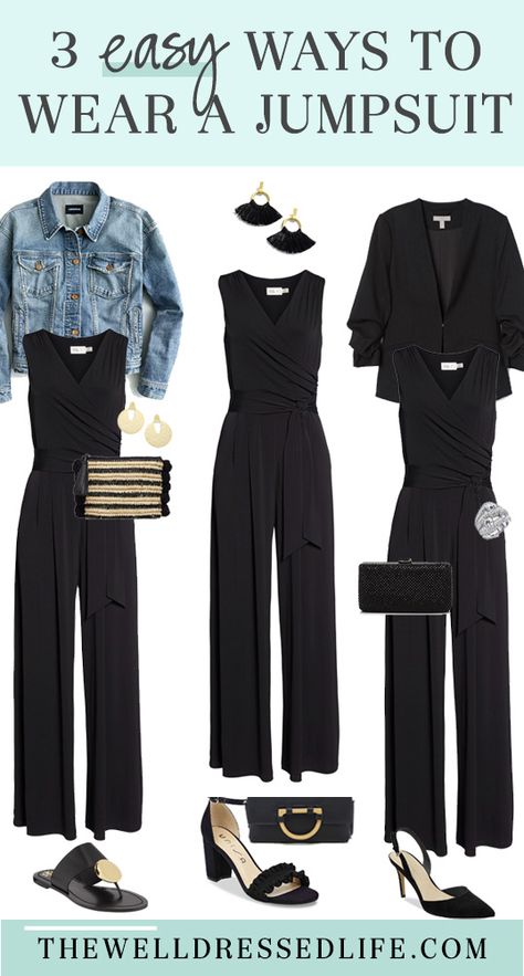 How to Wear a Jumpsuit 3 Ways and Style Tips via @https://www.pinterest.com/megkristel/ Jumpsuit Accessories Classy, Shoes For Jumpers Outfit, How To Style Jumpsuits For Fall, Black Pant Jumpsuit Outfits, Jumpsuit Outfit Business Casual, Dressing Up Jumpsuit, Black Jump Suites Outfit, Black Jumpsuit Shoes, How To Style A Black Jumpsuit Formal