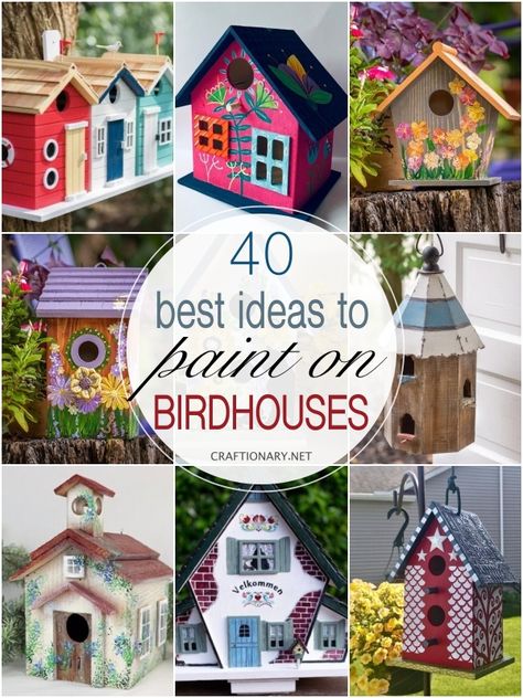 40 Painted birdhouses - Craftionary Colorful Bird Houses Ideas, Paint Ideas For Bird House, Fairy Birdhouse Painting Ideas, Building A Bird House, Paint Bird Houses Ideas, Decorated Bird Houses Ideas, Diy Bird House Painting Ideas, Painted Bird Feeders Ideas, Decoupage Birdhouse Ideas