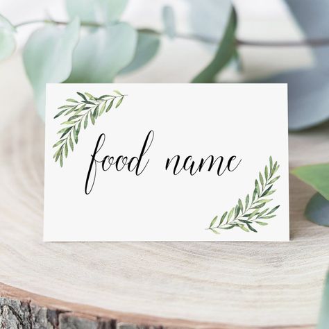 Green Leaf Food Card Template Instant Download Food Buffet Label Ideas, Buffet Cards Food, Food Name Tags Buffet, Food Cards For Buffet, Food Tags For Buffet, Food Signs For Party Buffet, Wedding Food Labels, Food Labels For Buffet, Food Label Design