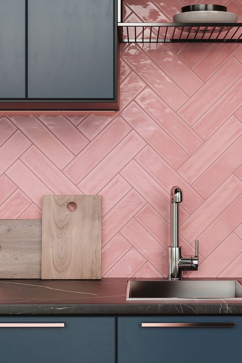 Kitchen Tiles Ideas, Pink Kitchen Walls, Kitchenette Ideas, Architectural Ceramics, Pink Kitchen Decor, Tiles Ideas, Kitchen Tiles Design, Pink Tiles, Kitchen Wall Tiles