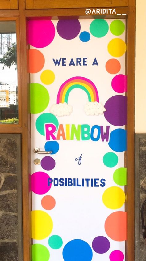 Rainbow Decor For Classroom, Decoration For Doors Classroom, Rainbow Classroom Decor Preschool, Rainbow School Decorations, Diy Rainbow Decorations Classroom, Childcare Room Themes, Rainbow Theme Door Decoration, Special Needs Door Decorations, Rainbow Hallway Decoration School