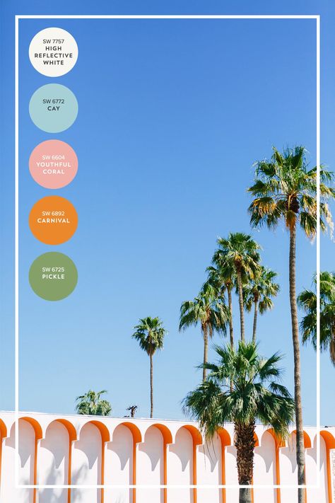 The Color Lover’s Travel Guide to Palm Springs   Joshua Tree | Brit + Co Palm Royale Aesthetic, Palm Springs Color Palette, Desert Modernism, Mid Century Palm Springs, Spring Architecture, Palm Springs Party, Palm Springs Decor, Palm Springs Aesthetic, Rosebud Motel