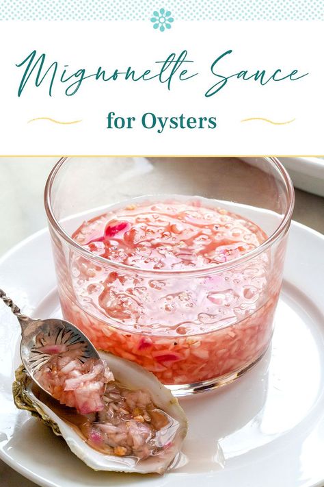 Oysters With Mignonette, Oyster Date Night, Sauce For Oysters Dipping, Oyster Sauce Recipes Homemade, Oyster Plating Ideas, Sauces For Raw Oysters, Oyster Minionette Recipes, Oyster Toppings Raw, Oyster Vinegar Sauce