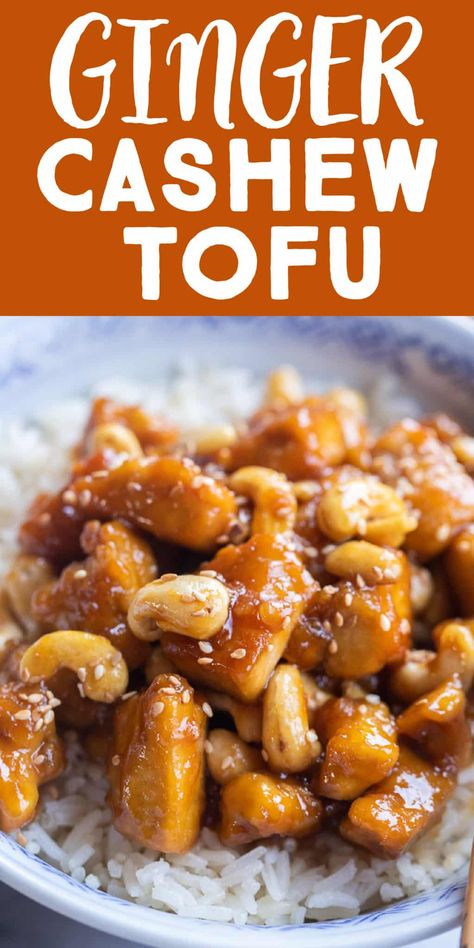 This Sticky Ginger Cashew Tofu is packed with a punch of flavor and also has great texture! It looks like a fancy complicated meal but it's actually super easy to make! The crispy tofu goes perfectly with the ginger sauce and the cashews add a nice bite! Perfect for a quick and easy weeknight vegan dinner. #stickytofu #crispytofu #easyvegandinner #Asiantofurecipe Fancy Tofu Recipes, Garlic Butter Tofu, Vegan Ginger Recipes, Crispy Sticky Tofu, Quick Tofu Dinner, Ground Tofu, Tofu Cashew, Tofu Dinner Recipes, Asian Tofu Recipes