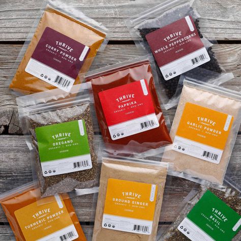 Organic Spices Kit - Thrive Market Organic Food Packaging, Frozen Food Packaging, Spices Packaging, Thrive Market, Packaging Ideas Business, Spice Shop, Organic Spice, Organic Turmeric, Tea Packaging