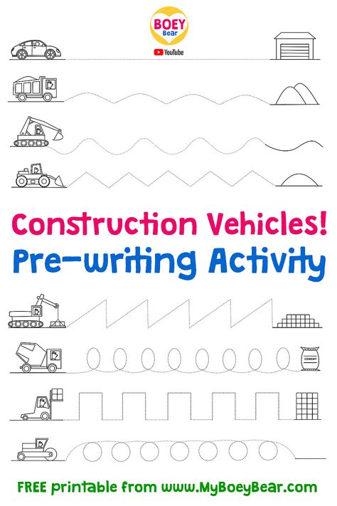 Free printables worksheet to practice pre-writing skills. Activities for preschoolers, toddlers and eyfs to encourage fine motor skills at home by either using their pointing finger or a pencil, to trace along the lines. Featuring construction vehicles/trucks for little fans of excavators, dump trucks, cement mixer trucks, cranes, etc. #prewriting #freeprintables #activitiespreschool #worksheetsfree #finemotor #finemotorskills #finemotoractivities #finemotorskills #athome #toddler #preschooler Pencil Practice Preschool, Pre Writing Skills Worksheets, Excavator Activities Preschool, Pre Writing Lines Free Printable, Preschool Writing Activities Printables, Pre Writing Worksheets Free Motor Skills, Construction Activities For Kindergarten, Free Prewriting Printables, Trace The Lines Preschool Printables