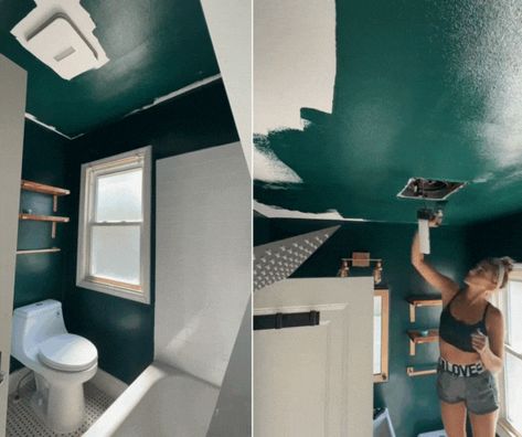 Cozy Green Bathroom Transformation: Painted Walls & Ceiling Dark Green Bathroom Walls And Ceiling, Ceiling Painted Bathroom, Dark Green Bathroom Ceiling, Dark Ceiling Light Walls Bathroom, Bathroom Ceiling Painted Same As Walls, Small Bathroom Painted Ceiling, Painted Bathroom Ceiling Ideas, Dark Bathroom Ceiling, Green Ceiling Bathroom