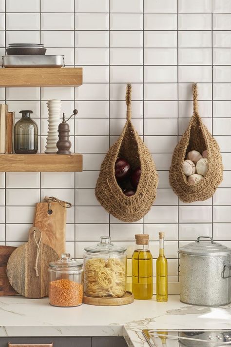 Jute onion basket hanging for pantry | Potato garlic onion storage | Boho wall baskets for kitchen Wall Baskets Storage, Hanging Vegetable Basket, Veggie Basket, Onion Basket, Boho Wall Baskets, Hanging Baskets Kitchen, Wall Basket Storage, Onion Storage, Garlic Keeper