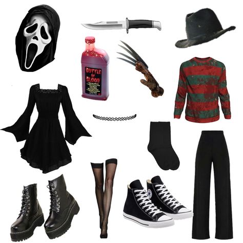 Freddy Krueger Costume Women Halloween Ideas, Holloween Costume Ideas Scream, Freddy Krueger And Scream Costume, Ghostface And Freddy Krueger, Ghost Face And Freddy Krueger Costume, Freddy Krueger And Ghostface Costume, Freddie Kreuger Costume Woman, Scream And Freddy Costume, Ghostface Outfit Girl