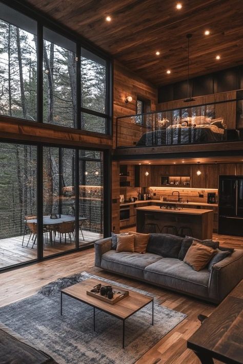 Modern Mountain Escape Wooden House Modern Interiors, Small Wood House Interior, Wooden Houses Interior, Container Homes Interior Design, Modern Wood Cabin Interior Design, Rustic Architecture Interior Design, Lake House Loft Ideas, Contemporary Log Cabin, Forest Cabin Modern Interior