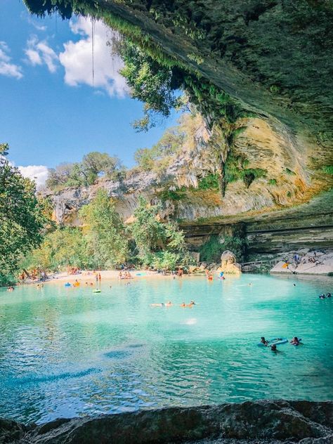 Traveling to Texas? From natural springs to mysterious Caribbean blue waters, explore the top Texas swimming holes and secret swimming spots across the Lone Star State. The chilly waters of natural swimming pools are a sweet relief from the raging Texas sun and the zen energy is unmatched. Blue Hole Texas Wimberly, Water Parks In Texas, Horseshoe Bay Texas, Caddo Lake State Park, Texas Nature, Canyon Lake Texas, Pedernales Falls State Park, Texas Sun, Texas Swimming Holes