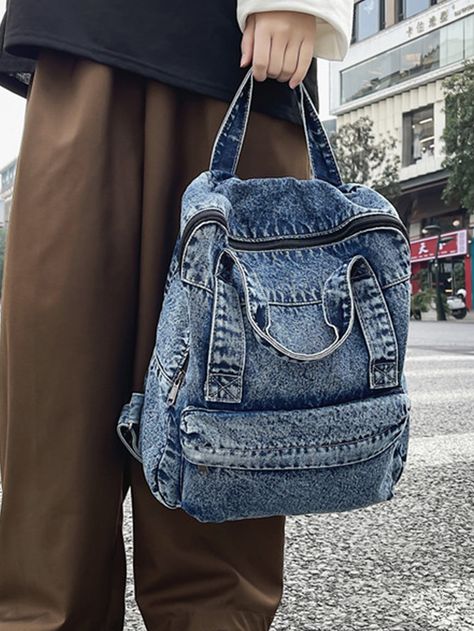 Blue Cool   Denim Plain Functional Backpack    Women Bags Denim Backpack Diy, Diy Jeans Crafts, Mochila Jeans, Recycled Denim Bags, Recycled Jeans Bag, Jeans Backpack, Cool Denim, Functional Backpack, Denim Backpack