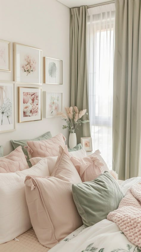 15 Chic Sage Green And Pink Bedroom Inspirations - Planted Shack Sage Pink And Gold Bedroom, Mint And Beige Bedroom, Sage White And Wood Bedroom, Pink Bedroom Design Interiors, Pink Wall Bedroom Decor, Green Gold And Pink Bedroom, Pale Pink Guest Bedroom, Cozy Bedroom Sage Green, Soft Color Room Ideas