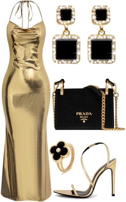 gold black event styling 🖤 Outfit | ShopLook Cocktail Theme Outfits, Gold Dress Outfit Shoes, Black And Gold Outfit Parties, Black And Gold Party Outfit, Black Prada Bag, Black And Gold Ring, Gala Attire, Gold Outfits, Black And Gold Outfit