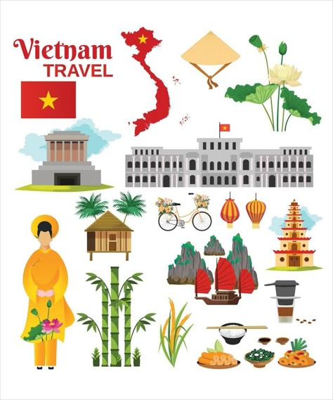 Travel to Vietnam. Set of traditional Vietnamese cultural symbols. Vietnamese landmarks and lifestyle of Vietnamese people Vietnam Party, Vietnam Drawing, Vietnam Art Design, Vietnam Pattern, Vietnam Aesthetic, Travel To Vietnam, Vietnam Culture, Country Poster, Vietnam Map