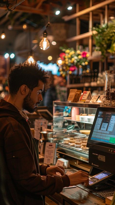 Cafe Checkout Time: A customer stands at the register, contemplating his order in the warm ambiance of a bustling cafe. #customer #cafe #register #pastries #bakery #aiart #aiphoto #stockcake ⬇️ Download and 📝 Prompt 👉 https://ayr.app/l/QVfE Cafe Barista, Hanging Light Bulbs, Cafe Counter, Man Cafe, Coffee Shop Photography, Time Images, Coffee Barista, Standing In Line, Espresso Drinks