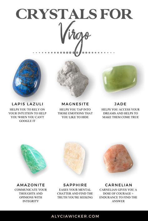 The best crystals for Virgo are Lapis Lazuli, Magnesite, Jade, Amazonite, and Carnelian. They'll help you in practical pursuits of knowledge. #healingcrystals #crystals #astrology #virgo Crystals For Virgos, Virgo Crystals And Stones, Virgo Crystals Stones, Crystals For Virgo, Virgo Crystals, Magnesite Crystal, Crystals Astrology, Virgo Gemstone, Virgo Birthstone