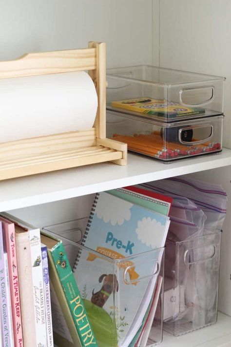 Homeschool Cabinet Dining Room, Homeschool Book Shelf Organization, School Cabinet Organization, Homeschool Materials Organization, Playroom Next To Kitchen, Billy Bookcase Homeschool, Homeschool Preschool Organization, Homeschool In Kitchen Ideas, Homeschool Storage Dining Room