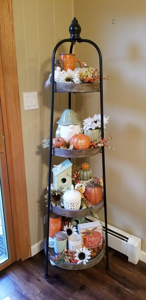 Fall Decor House, Tall Tiered Tray Decor, Hobby Lobby Round Tiered Shelf, Shelf Fall Decor, Hobby Lobby Shelf Decor, Corner Shelf Decor, Wagon Decor, Small Home Garden, Hobby Lobby Shelf