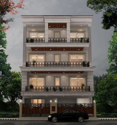 exterior 1 3D | CGTrader Stilt Plus 3 Floors Elevation, Front Elevation Designs 4 Floors, Hotel Elevation Exterior, 2 Story Apartment, Architecture Residence, Front Building Design, Builder Floor, Classical Facade, Balcony Roof