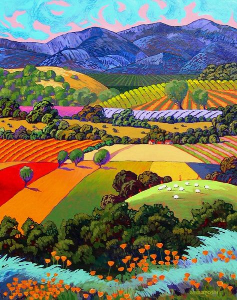 Superb Landscape Art To Keep The Outdoors With You At All Times … More #LandscapeArt Arte Naive, Landscape Quilts, California Wine, Southwest Art, David Hockney, 수채화 그림, Lukisan Cat Air, Naive Art, Rolling Hills