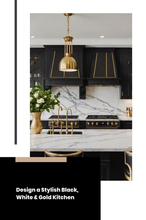 Elegant kitchen with black cabinets, gold fixtures, and marble countertops. Black And Gold Cabinets Kitchen, Black White Gold Kitchen, White And Gold Kitchen Decor, Black White And Gold Kitchen, Gold Kitchen Decor, White Gold Kitchen, White And Gold Kitchen, Kitchen Flooring Trends, Kitchen Tile Inspiration