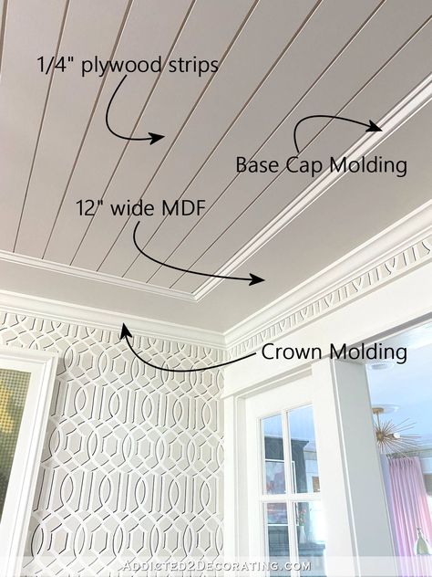 Farmhouse Crown Molding Ceilings, Ceiling Trim Molding, Ceiling Molding Ideas, Repurpose Old Windows, Bathroom Crown Molding, Crown Molding Vaulted Ceiling, Crown Molding Ideas, Ceiling Remodel, Dark Wood Bathroom