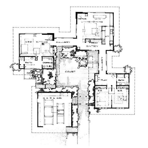 #modernarchitecture #midcenturymodern #homedesign #floorplans Discover the iconic Discovery House by Henrik Bull, featuring a courtyard, open plan living & stunning views. More floor plans: . #Houses_With_Central_Courtyards #Neighborhood_Design_Concept #Sustanible_Architecture #Usonian_House_Plans Sustanible Architecture, Usonian House Plans, Case In Pietra, Pelan Rumah, Modern House Floor Plans, مركز ثقافي, Courtyard House Plans, Plans Architecture, Vintage House Plans