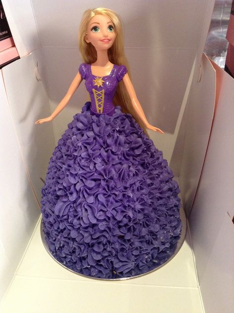 Purple princess dolly varden cake                                                                                                                                                      More Princess Dress Cupcakes, Girls Birthday Cakes Princess, Birthday Cake Princess, Princess Cupcake Dress, Dolly Varden Cake, Rapunzel Birthday Cake, Dress Cupcakes, Doll Cake Designs, Princess Doll Cake